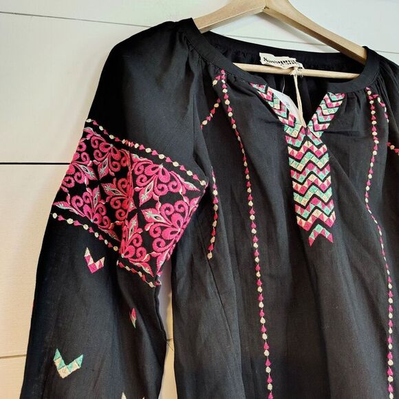 Savanna Jane Top Small Black Embroidered Sleeve Boho Peasant Folk Artisan NWT - Picture 3 of 8